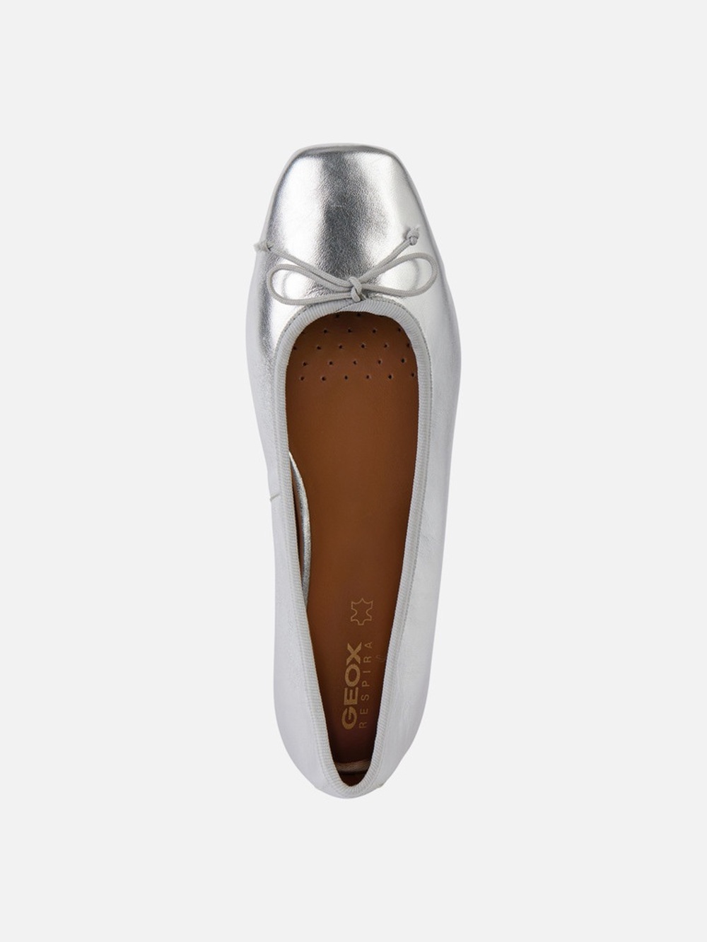 Geox Respira Silver Metallic Leather Ballet Flat with Bow Accent